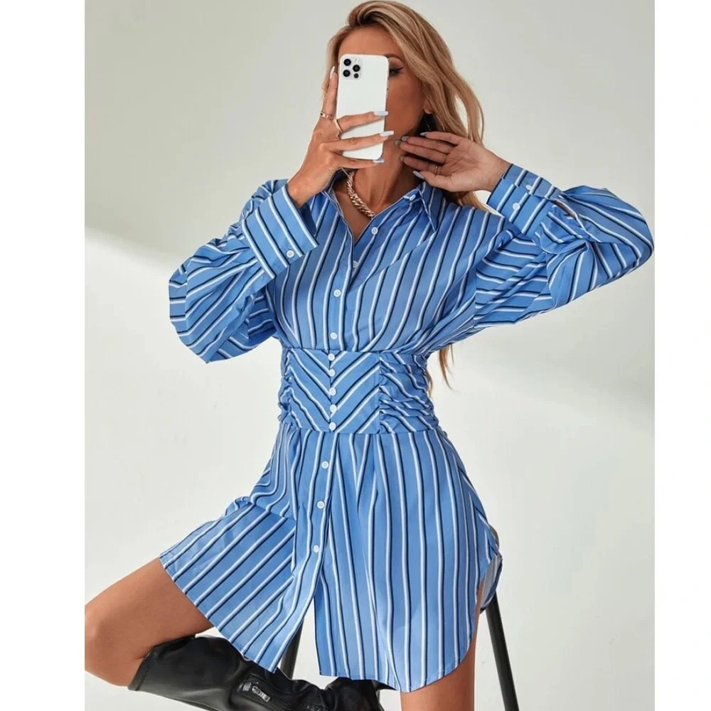Striped Ruched Corset Shirt Dress 🍸 - Picture 1 of 6